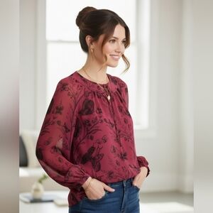 Ann Taylor Loft Womens Small Pink Sheer Butterfly Floral Top Blouse Shirt